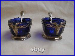 Pair Of Antique French Sterling Silver Blue Cut Crystal Salt Cellars, Late XIX