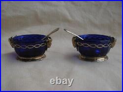 Pair Of Antique French Sterling Silver Blue Cut Crystal Salt Cellars, Late XIX