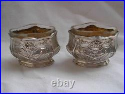 Pair Of Antique French Sterling Silver Crystal Salt Cellars With Spoons, Early XX