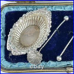 Pair Of Antique Sterling Silver Boat Salt Cellars And Shell Salt Spoons Cased