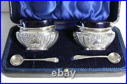 Pair Of English Antique Solid Silver Cased Salts & Spoons