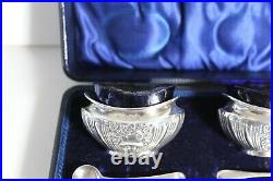 Pair Of English Antique Solid Silver Cased Salts & Spoons