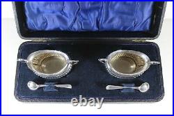 Pair Of English Antique Solid Silver Cased Salts & Spoons #2