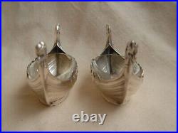 Pair Of Norvegian Sterling Silver Crystal Salt Cellars &spoon, Viking Boat Shape