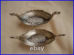 Pair Of Norvegian Sterling Silver Crystal Salt Cellars &spoon, Viking Boat Shape