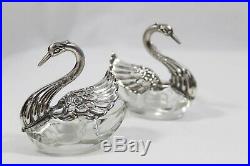 Pair Of Ornate German Sterling Silver & Crystal Swan Salt Cellars