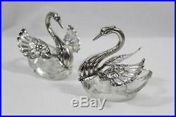 Pair Of Ornate German Sterling Silver & Crystal Swan Salt Cellars