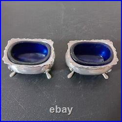 Pair Of Quaint Fisher Sterling Silver Footed Salt Cellars WithCobalt Blue Inserts