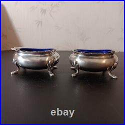 Pair Of Quaint Fisher Sterling Silver Footed Salt Cellars WithCobalt Blue Inserts