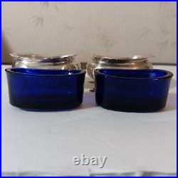 Pair Of Quaint Fisher Sterling Silver Footed Salt Cellars WithCobalt Blue Inserts