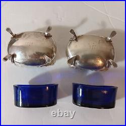 Pair Of Quaint Fisher Sterling Silver Footed Salt Cellars WithCobalt Blue Inserts