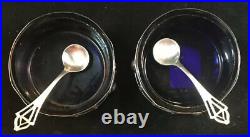 Pair Of Sterling Silver Arts & Crafts Style Open Salt Cellars Cobalt Glass +Dips