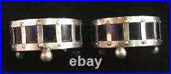 Pair Of Sterling Silver Arts & Crafts Style Open Salt Cellars Cobalt Glass +Dips
