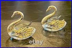 Pair Of Sterling Silver & Crystal Swan Open Salt Cellars