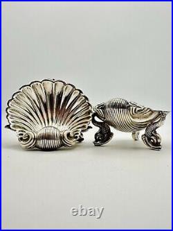 Pair Of Victorian Salt Cellars Silverplate Scallop Shell With Fish Feet. RARE