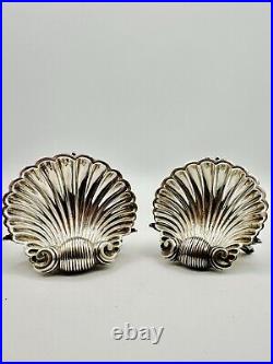 Pair Of Victorian Salt Cellars Silverplate Scallop Shell With Fish Feet. RARE