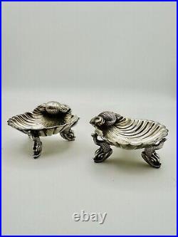 Pair Of Victorian Salt Cellars Silverplate Scallop Shell With Fish Feet. RARE