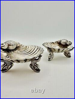 Pair Of Victorian Salt Cellars Silverplate Scallop Shell With Fish Feet. RARE