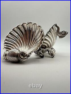 Pair Of Victorian Salt Cellars Silverplate Scallop Shell With Fish Feet. RARE