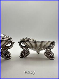 Pair Of Victorian Salt Cellars Silverplate Scallop Shell With Fish Feet. RARE