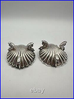 Pair Of Victorian Salt Cellars Silverplate Scallop Shell With Fish Feet. RARE