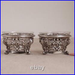 Pair Repousse Sterling Glass Master Salt Bowl Footed Dish Cellar Vtg Silver 60 g