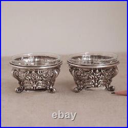 Pair Repousse Sterling Glass Master Salt Bowl Footed Dish Cellar Vtg Silver 60 g