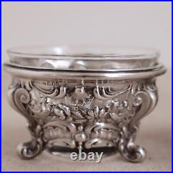 Pair Repousse Sterling Glass Master Salt Bowl Footed Dish Cellar Vtg Silver 60 g