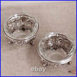 Pair Repousse Sterling Glass Master Salt Bowl Footed Dish Cellar Vtg Silver 60 g