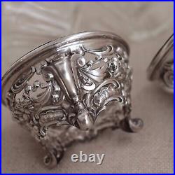 Pair Repousse Sterling Glass Master Salt Bowl Footed Dish Cellar Vtg Silver 60 g