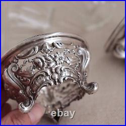 Pair Repousse Sterling Glass Master Salt Bowl Footed Dish Cellar Vtg Silver 60 g