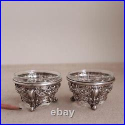 Pair Repousse Sterling Glass Master Salt Bowl Footed Dish Cellar Vtg Silver 60 g