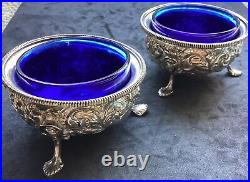 Pair Sterling Open Silver Footed Salts Cobalt Glass Inserts Repose Nice