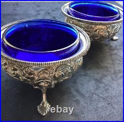 Pair Sterling Open Silver Footed Salts Cobalt Glass Inserts Repose Nice