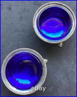 Pair Sterling Open Silver Footed Salts Cobalt Glass Inserts Repose Nice