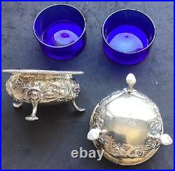 Pair Sterling Open Silver Footed Salts Cobalt Glass Inserts Repose Nice