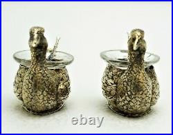 Pair Sterling Silver Figural Duck Salts Glass Insert English Sterling Spoons