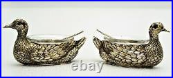 Pair Sterling Silver Figural Duck Salts Glass Insert English Sterling Spoons