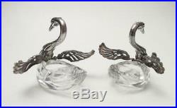 Pair Vintage Albert Bodemer 835 Silver & Cut Crystal Swan Salt Cellars Germany