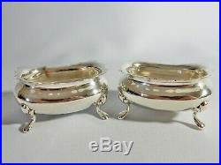 Pair of Antique 1900-01 Sterling Solid Silver Salt Dish Pot Cellar Glass Liners