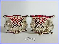 Pair of Antique 1901 Sterling Silver Ruby Cranberry Glass Salt Dish Pot Cellar