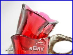 Pair of Antique 1901 Sterling Silver Ruby Cranberry Glass Salt Dish Pot Cellar
