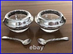 Pair of Antique Frank M. Whiting Crystal Salt Cellars withSterling Rims, Spoons