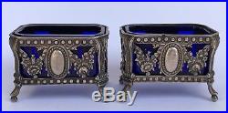 Pair of Antique French Sterling Silver & Blue Crystal Salt Cellars Flowers Set