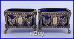 Pair of Antique French Sterling Silver & Blue Crystal Salt Cellars Flowers Set