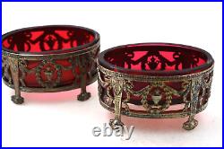 Pair of Antique Gorham Sterling Silver & Cranberry Glass Master Table Salts