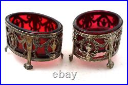 Pair of Antique Gorham Sterling Silver & Cranberry Glass Master Table Salts