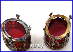 Pair of Antique Gorham Sterling Silver & Cranberry Glass Master Table Salts