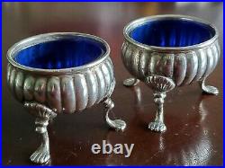 Pair of Antique Hallmark Sterling Silver Cobalt Blue Glass Salt Cellars