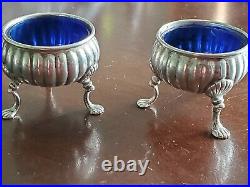 Pair of Antique Hallmark Sterling Silver Cobalt Blue Glass Salt Cellars